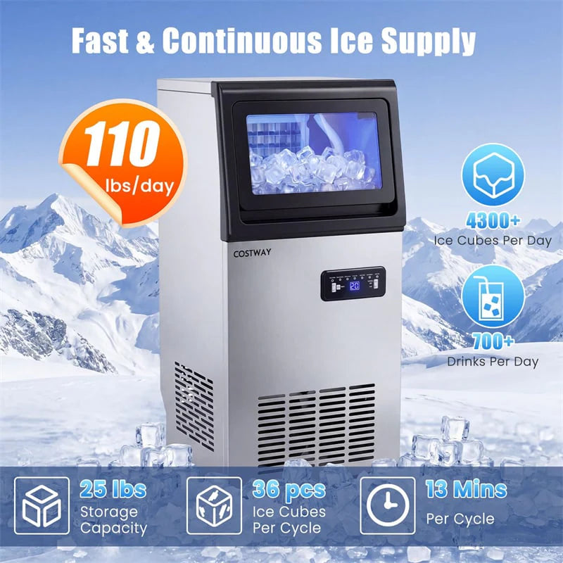 110 LBS/24H Commercial Ice Maker, Stainless Steel Ice Machine with 25 LBS Storage, 36 Cubes in 13 Mins - Product image 2