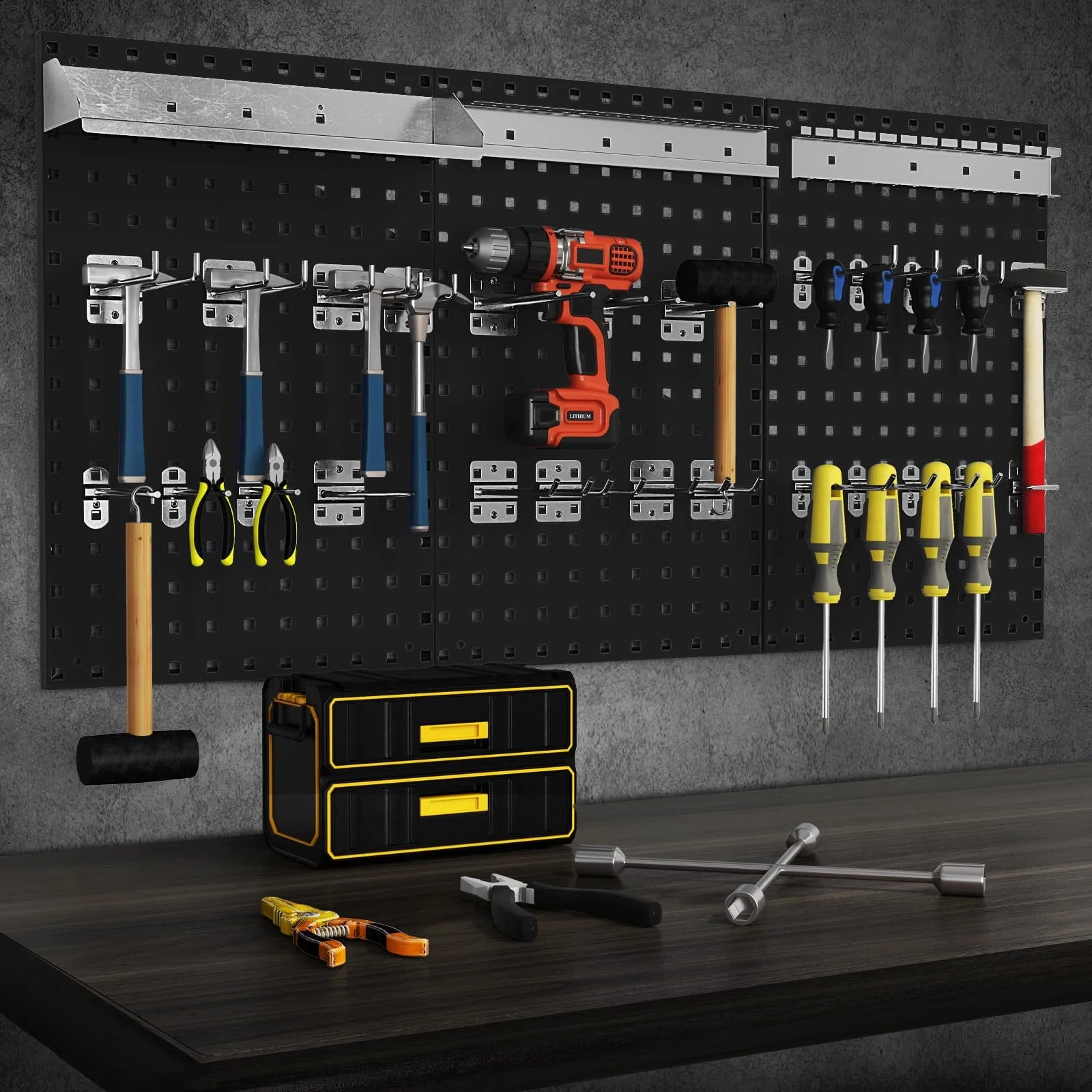 3 Pcs Metal Pegboard Panels w/25 Hooks, Storage Platform & Square Hole, Heavy Duty Pegboard Wall Organizer - Product image 2