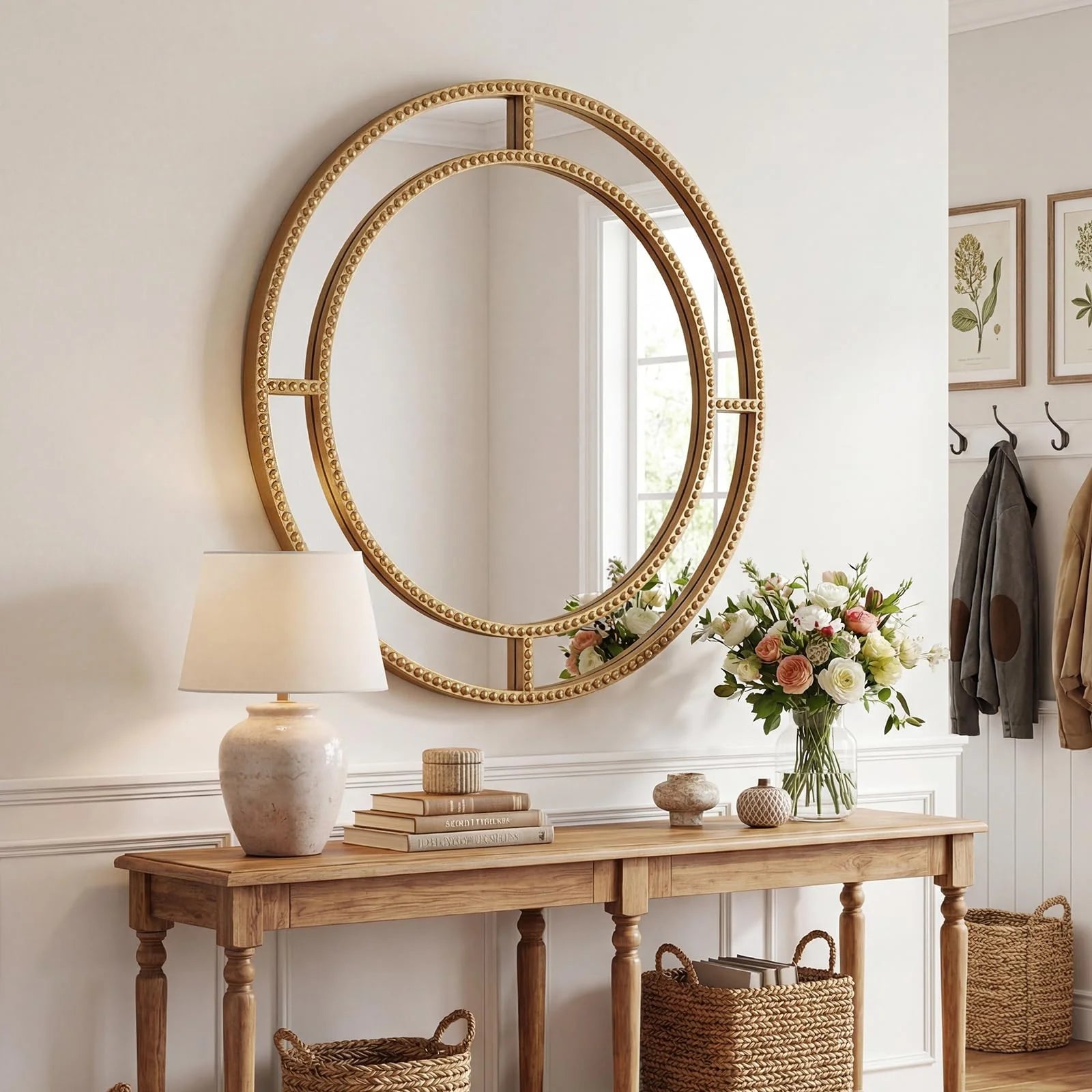 Tangkula 28" Gold Round Wall Mirror - Circle Decorative Modern with Beaded Frame for Living Room - Product image 1