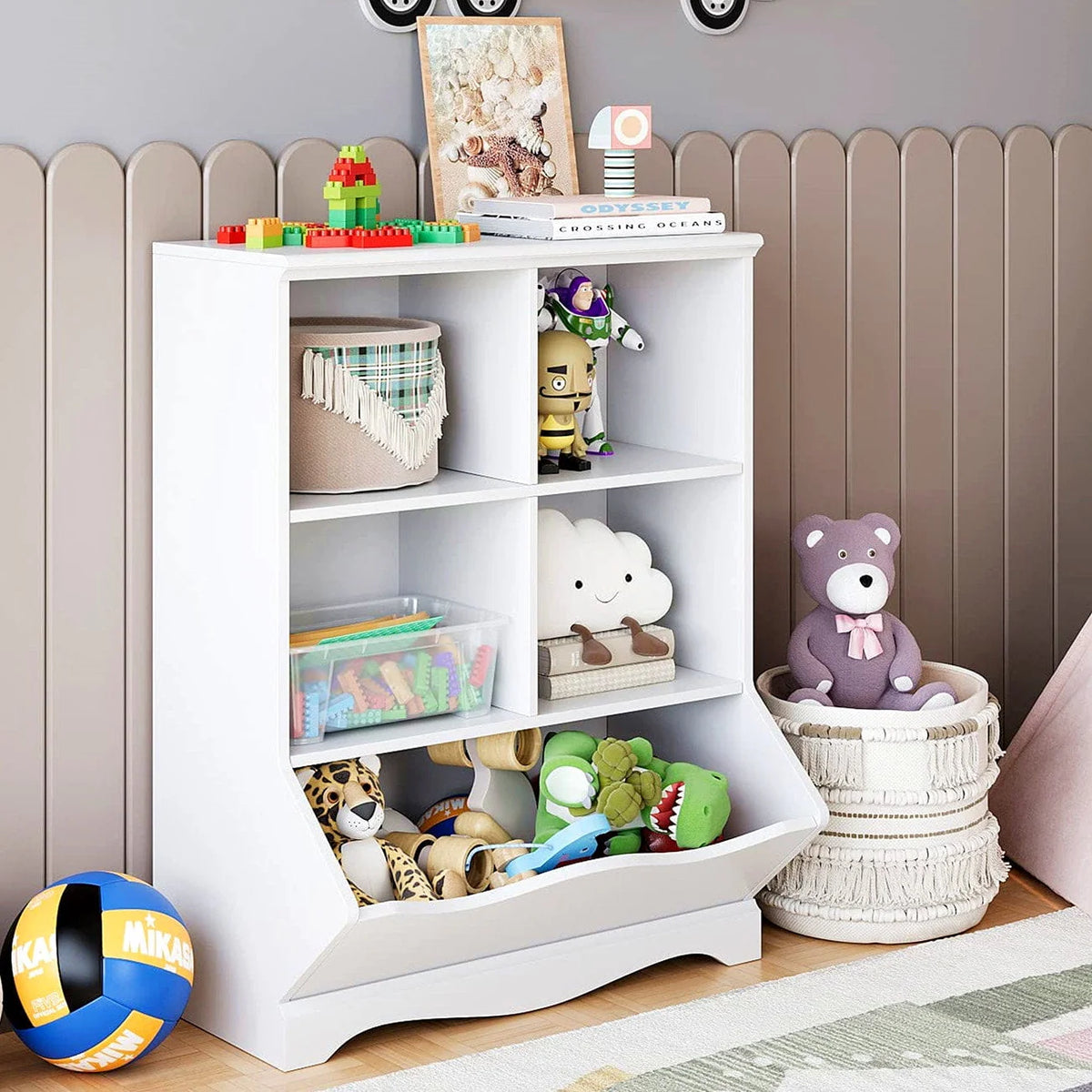 Homfa Kid'S Cubby Toy Storage Cabinet, Wood Toy Organizer of 5 Bins, Children'S White Bookcase - Product image 3