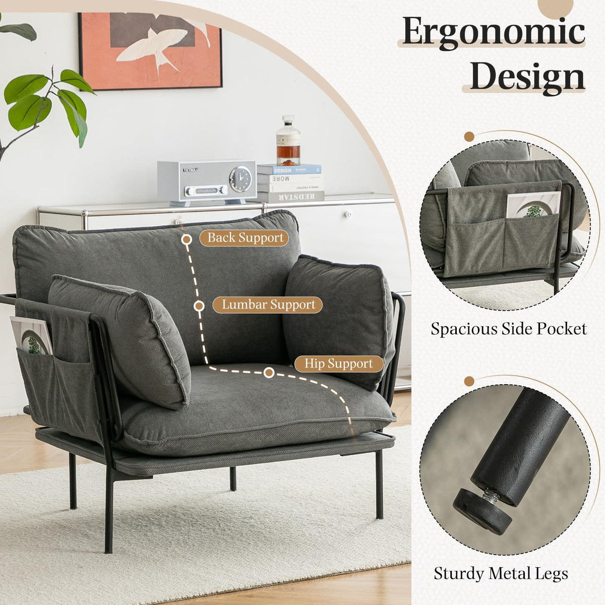 AECOJOY Modern Accent Chair Reading Chair with Pillow Upholstered Armchair for Adults - Product image 3