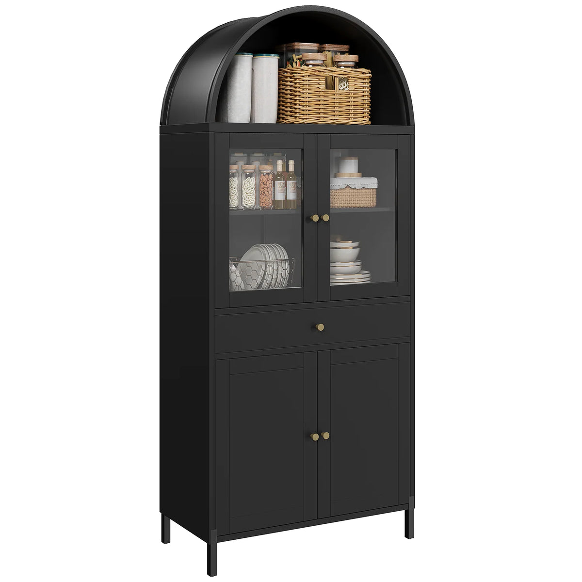 AECOJOY 73'' Kitchen Pantry, Metal Arched Storage Cabinet with Glass Doors/Adjustable Shelfs/Drawer - Product image 1
